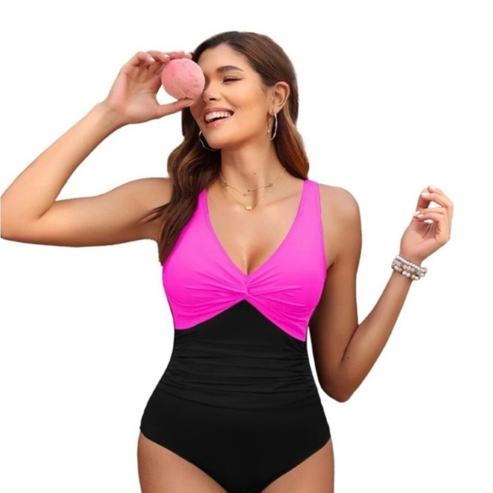 Colorblock Twist-Front One-Piece Swimsuit — Pink & Black